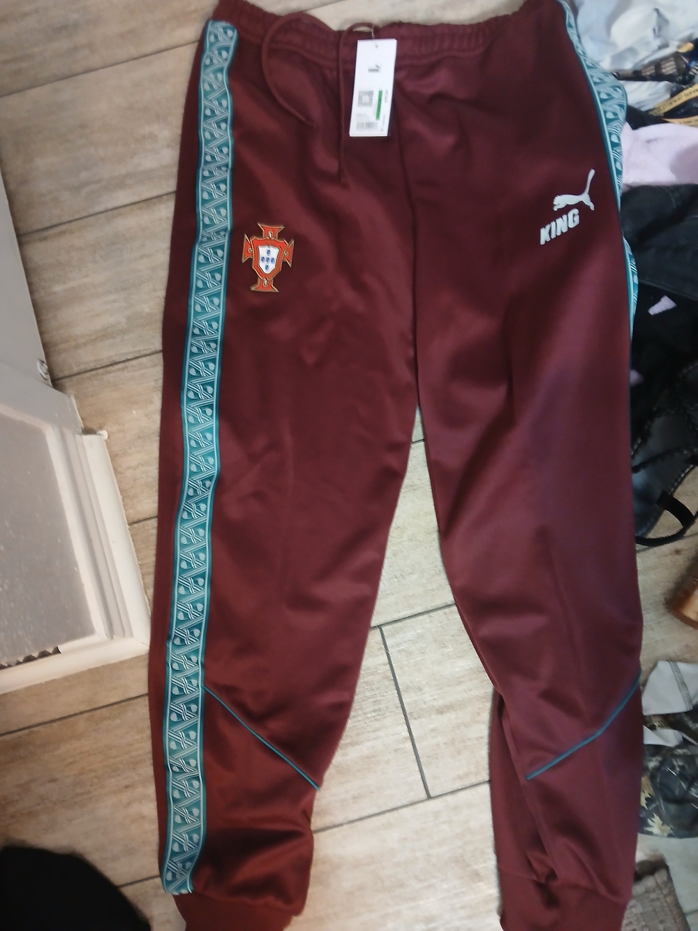 King Portugal Puma Mens Ruby Track Pants with Teal Trim